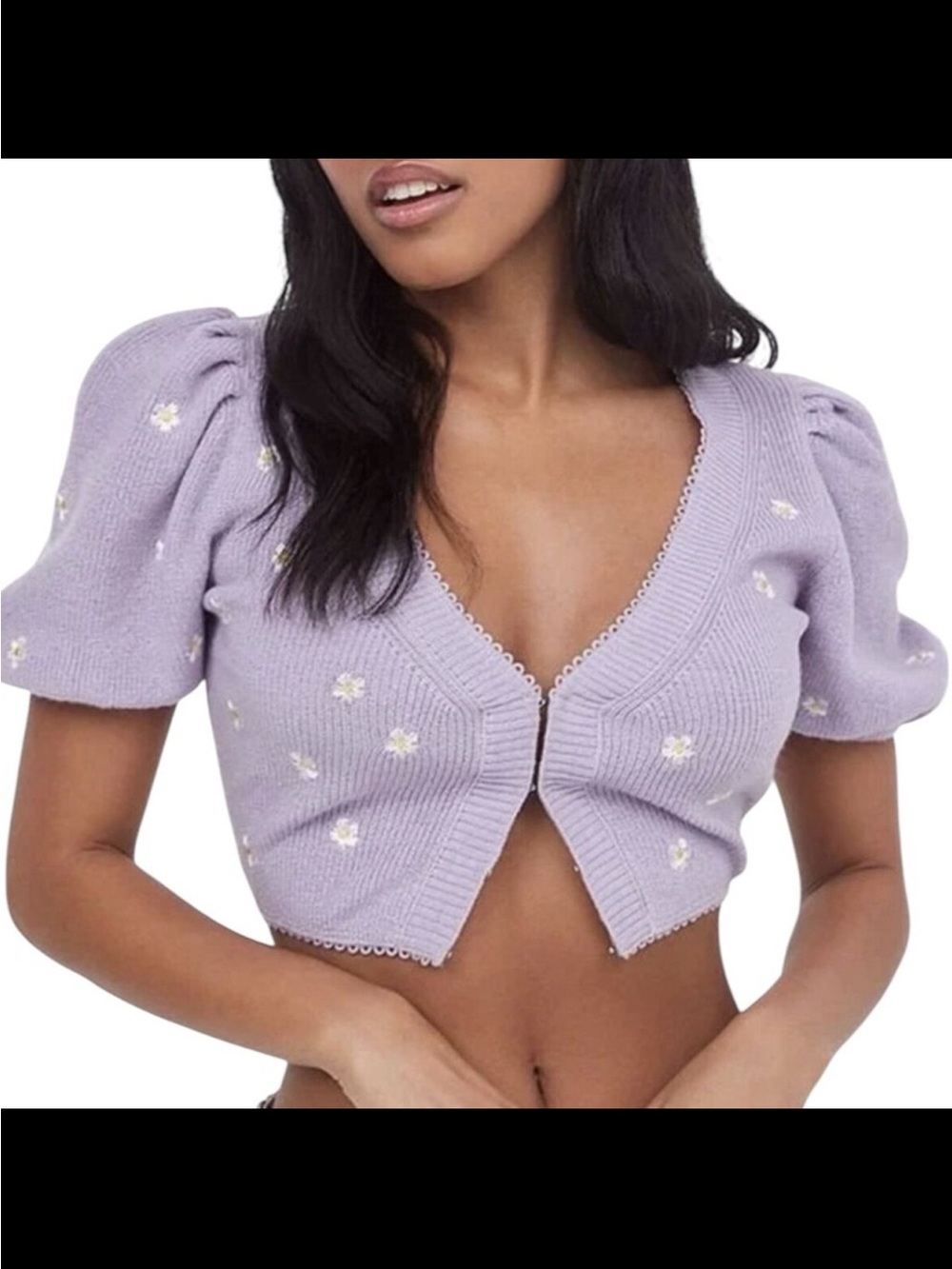 For Love And Lemons Lavender Daisy Cropped Puff-Sleeve Cardigan